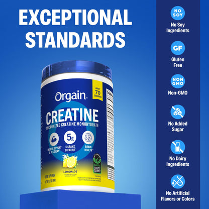 Orgain Creatine Monohydrate Micronized Powder, Lemonade Flavored, 5g Creatine, 70 Servings, Supports Muscle Growth, Post Workout Recovery