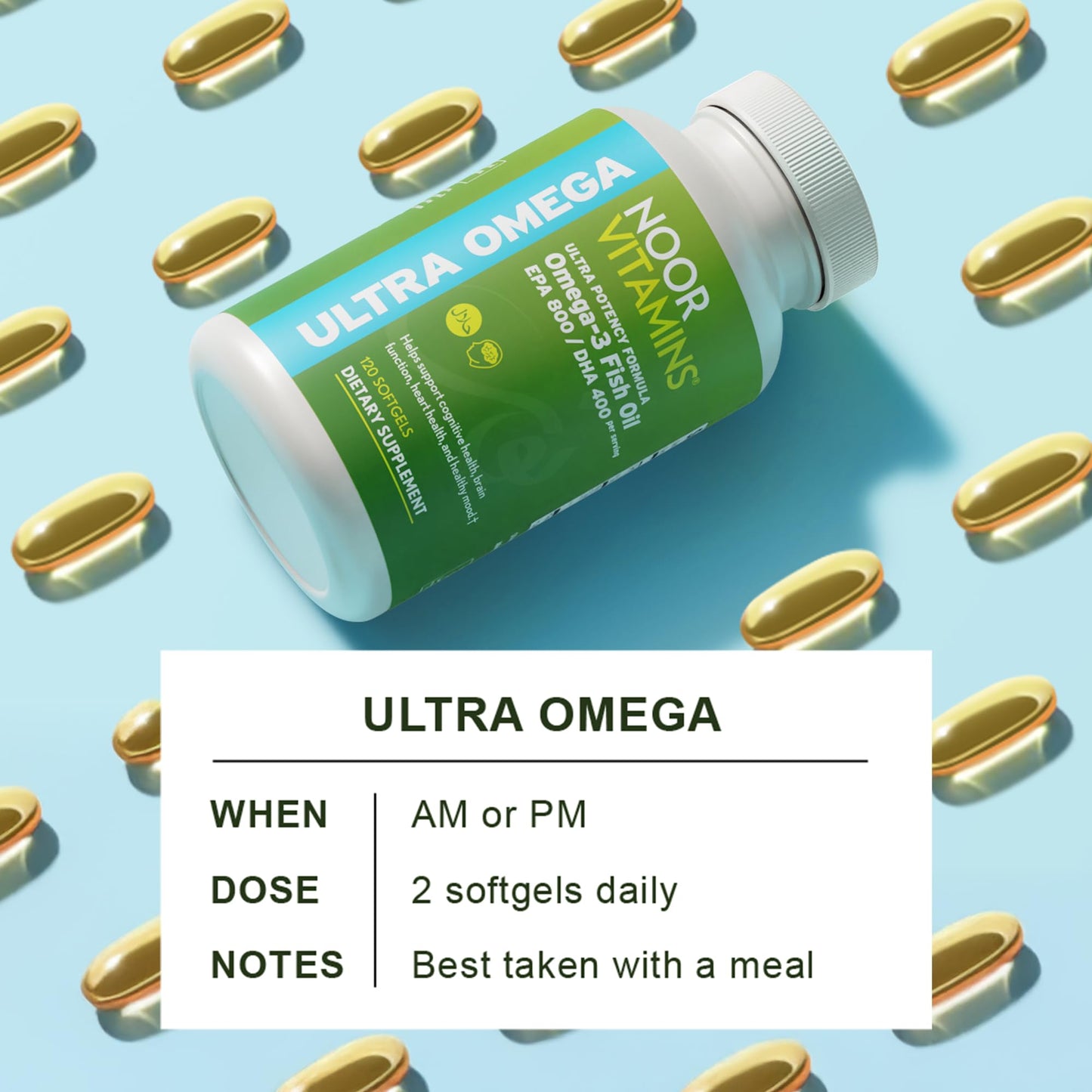 Noor Vitamins Halal Fish Oil, Halal Vitamins, Ultra Omega 3 Wild Peruvian Fish (800 mg EPA & 400 mg DHA) Heart