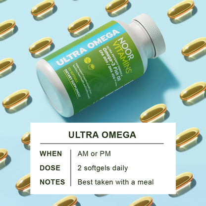 Noor Vitamins Halal Fish Oil, Halal Vitamins, Ultra Omega 3 Wild Peruvian Fish (800 mg EPA & 400 mg DHA) Heart