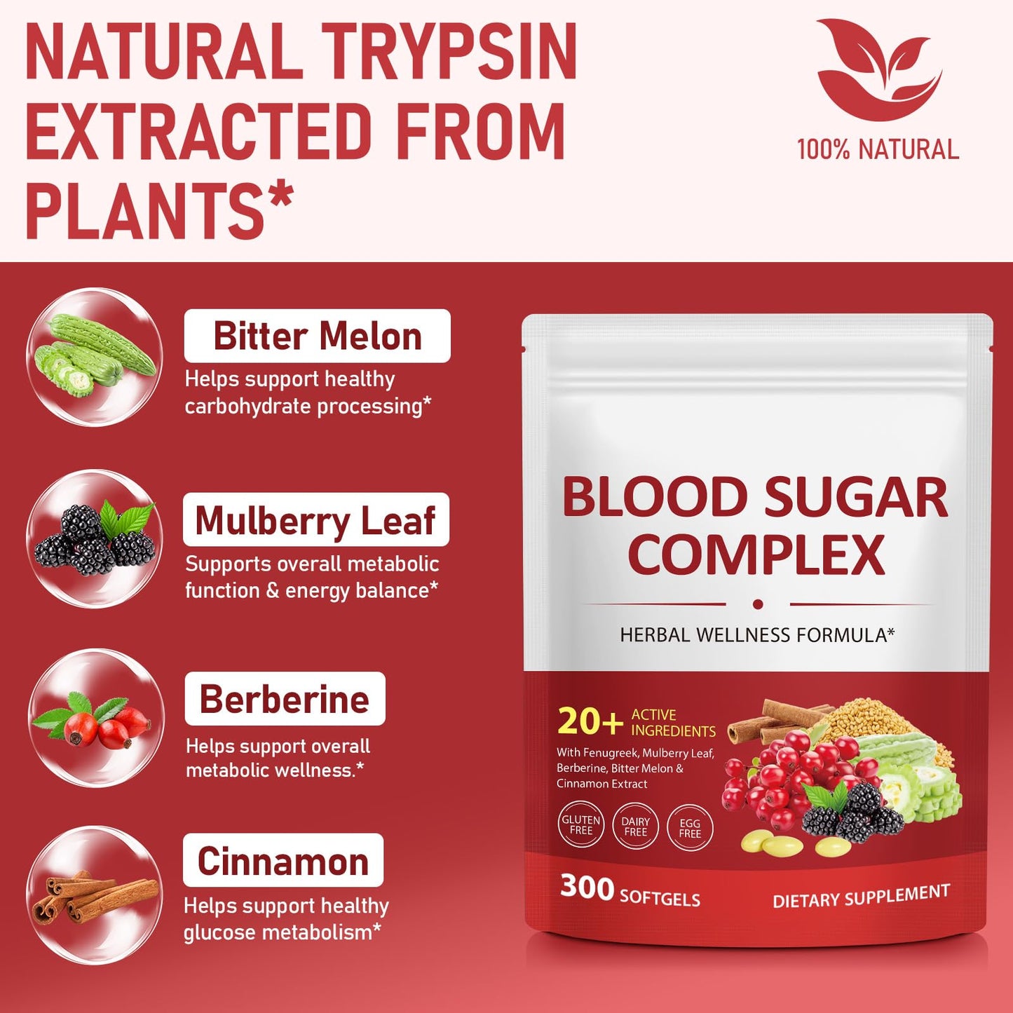 300 Softgels Blood Sugar Complex Supplement | 20+ Active Herbs-Berberine, Cinnamon, Bitter Melon, Mulberry Leaf, Fenugreek, Vitamins for Energy Level