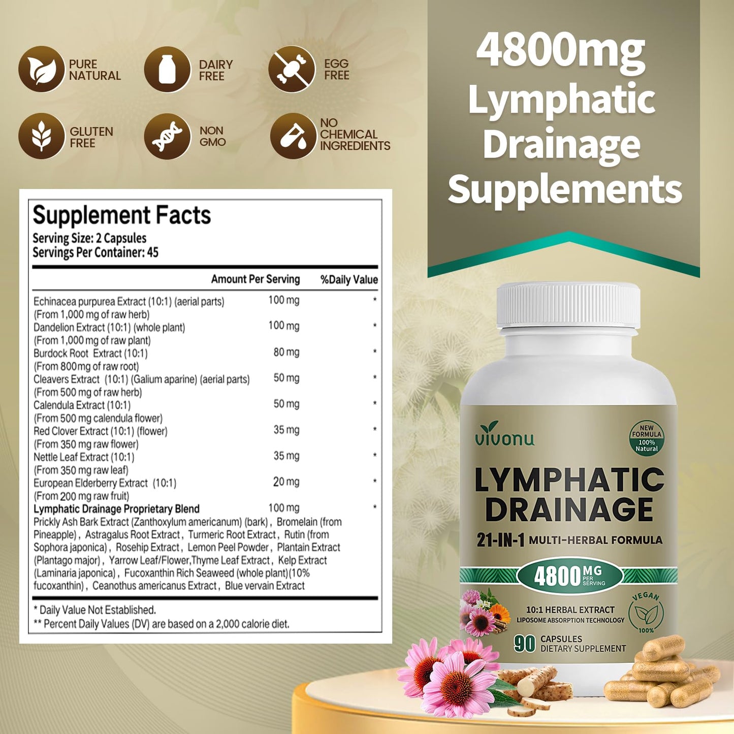 21-in-1 Liposome Lymphatic Drainage Supplements, 45 Day Supply, 4800mg Immune & Lymph System Support, 10:1 Concentrated Technology, Echinacea, Dandelion, Burdock, Bromelain, Calendula, 90 Capsules VivoNu buy supplements Au