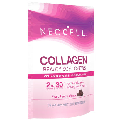 NeoCell Collagen Peptides Soft Chews | 60 Chewables | Beauty Bursts Supplement | with Hyaluronic Acid | Hair, Skin, & Nails | Fruit Punch Flavor