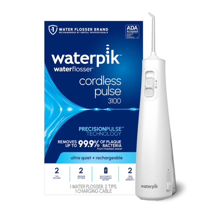 Waterpik Cordless Pulse 3100 Rechargeable Portable Water Flosser for Teeth, Gums, Braces Care and Travel with 2 Flossing Tips, Waterproof for Shower Use