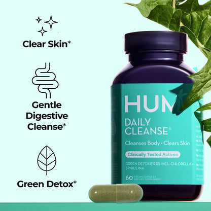 HUM Daily Cleanse Acne Supplements for Women & Men, Gentle Digestive Cleanse for Clear Skin Support, Zinc, Spirulina, Chlorella, Detoxifying Herbs, Organic Algae