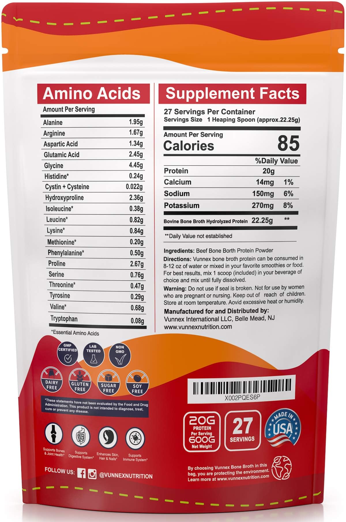 VUNNEX 100% Grass-Fed Bone Broth Collagen Powder | Unflavored & Unsweetened Instant Protein for Coffee & Smoothies | Keto-Friendly, Gluten-Free, Non-Dairy