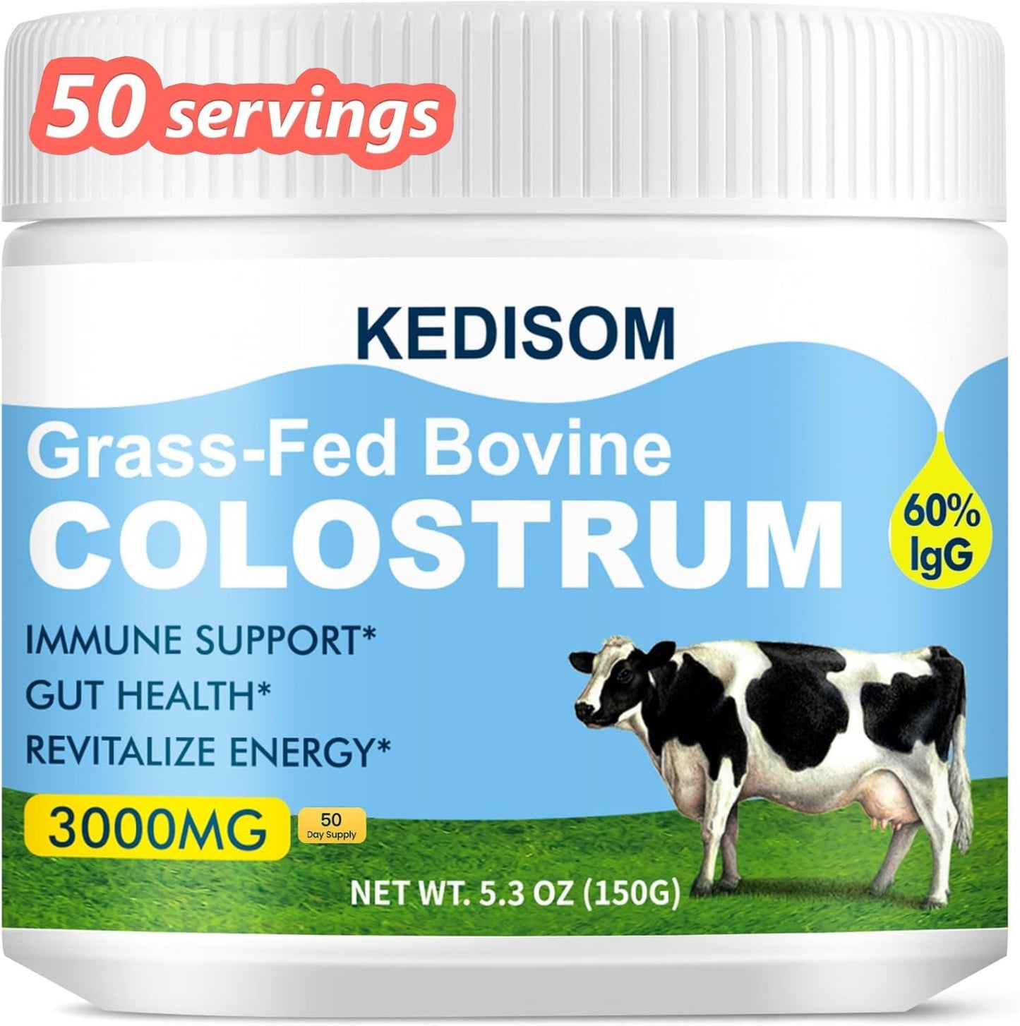 KEDISOM Grass-Fed Bovine Colostrum Supplement Powder - 60% High IgG 3000 mg for Gut Health, Immune Support - Easy to Mix Natural Liposomal