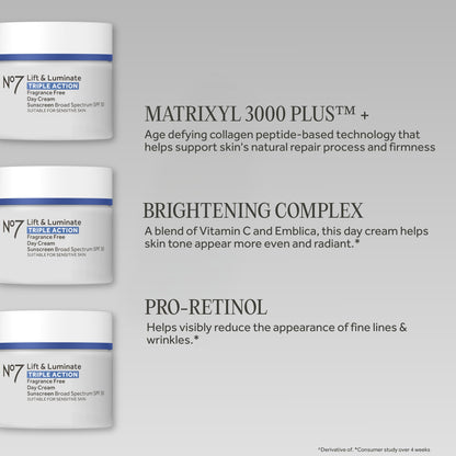 No7 Lift & Luminate Triple Action Face Cream - Fragrance Free Face Moisturizer with SPF 30 - Formulated with Anti Aging Collagen