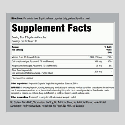 Piping Rock Red Mineral Algae | Vegetarian Calcium | 180 Capsules | Plant Based Plus Trace Minerals | Plus D3 1000 IU | Non-GMO, Gluten Free Supplement