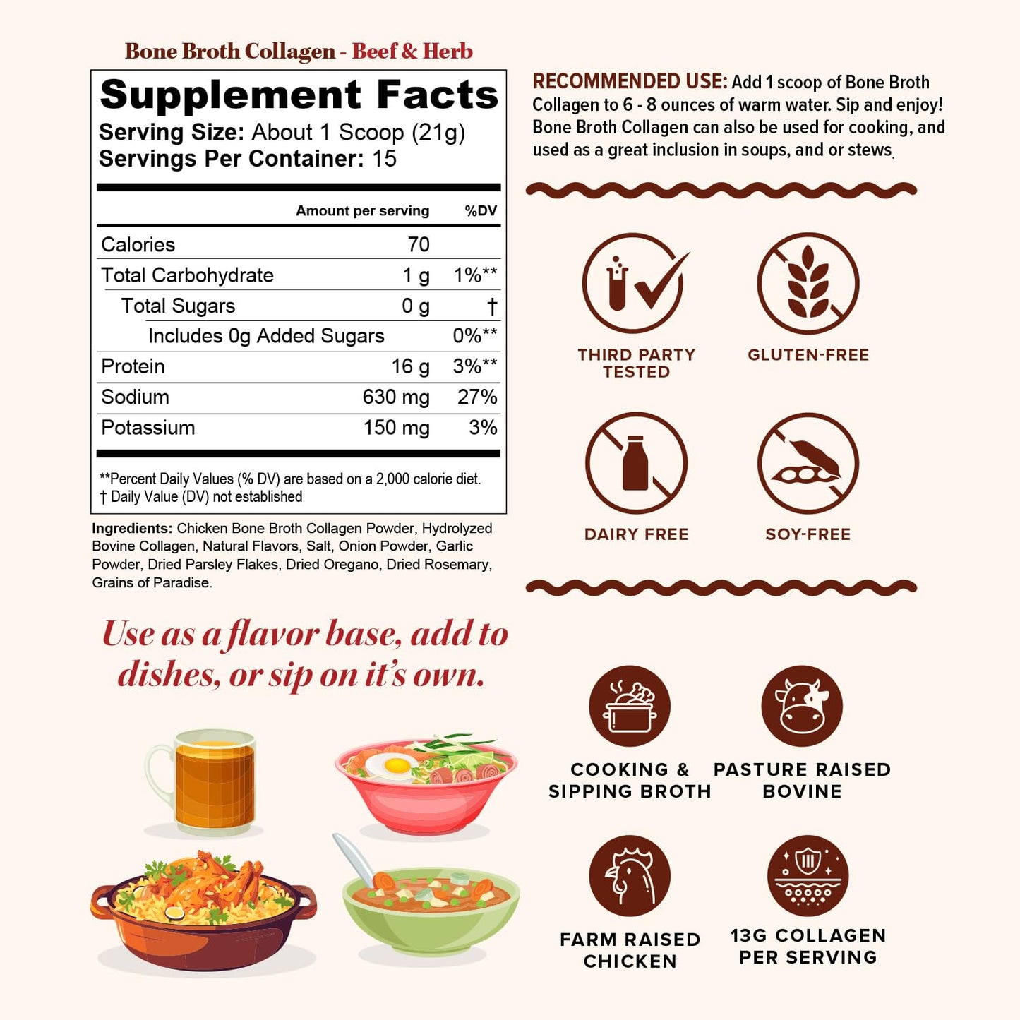 Bone Broth Collagen Powder 16g Collagen Protein per Serving Supports Joints Skin Nails & Gut Health Made from Real Beef Bone Broth Savory Collagen