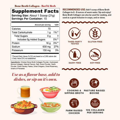 Bone Broth Collagen Powder 16g Collagen Protein per Serving Supports Joints Skin Nails & Gut Health Made from Real Beef Bone Broth Savory Collagen