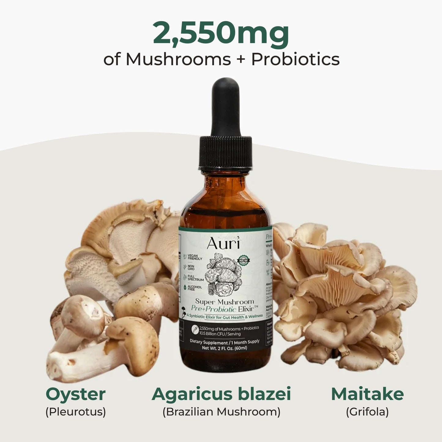 Auri Nutrition Super Mushroom Pre+Probiotic Elixir – 3-in-1 Gut Health Supplement w/7 Probiotic Strains, Prebiotic Mushrooms & Postbiotic Support – Vegan