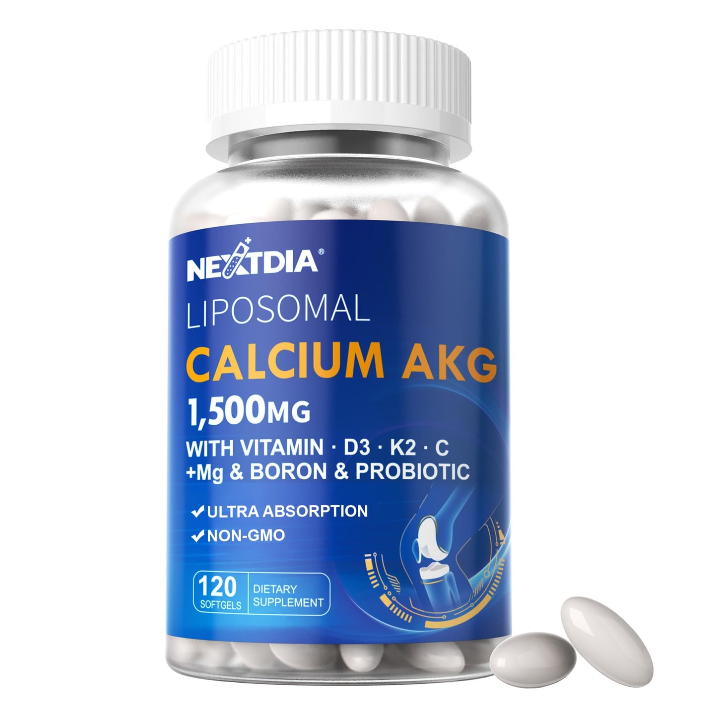Liposomal Calcium AKG Supplement 1500mg with Vitamin D3 & K2 Softgels for Women & Men│ High Absorption│Calcium Supplements with Magnesium Glycinate