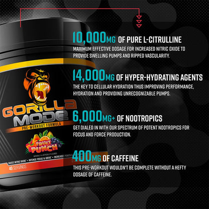 Gorilla Mode Pre Workout - Massive Pumps Laser Focus Energy Power - L-Citrulline, Creatine, L-Tyrosine, Betaine, Hydroprime, Alpha-GPC, 400mg