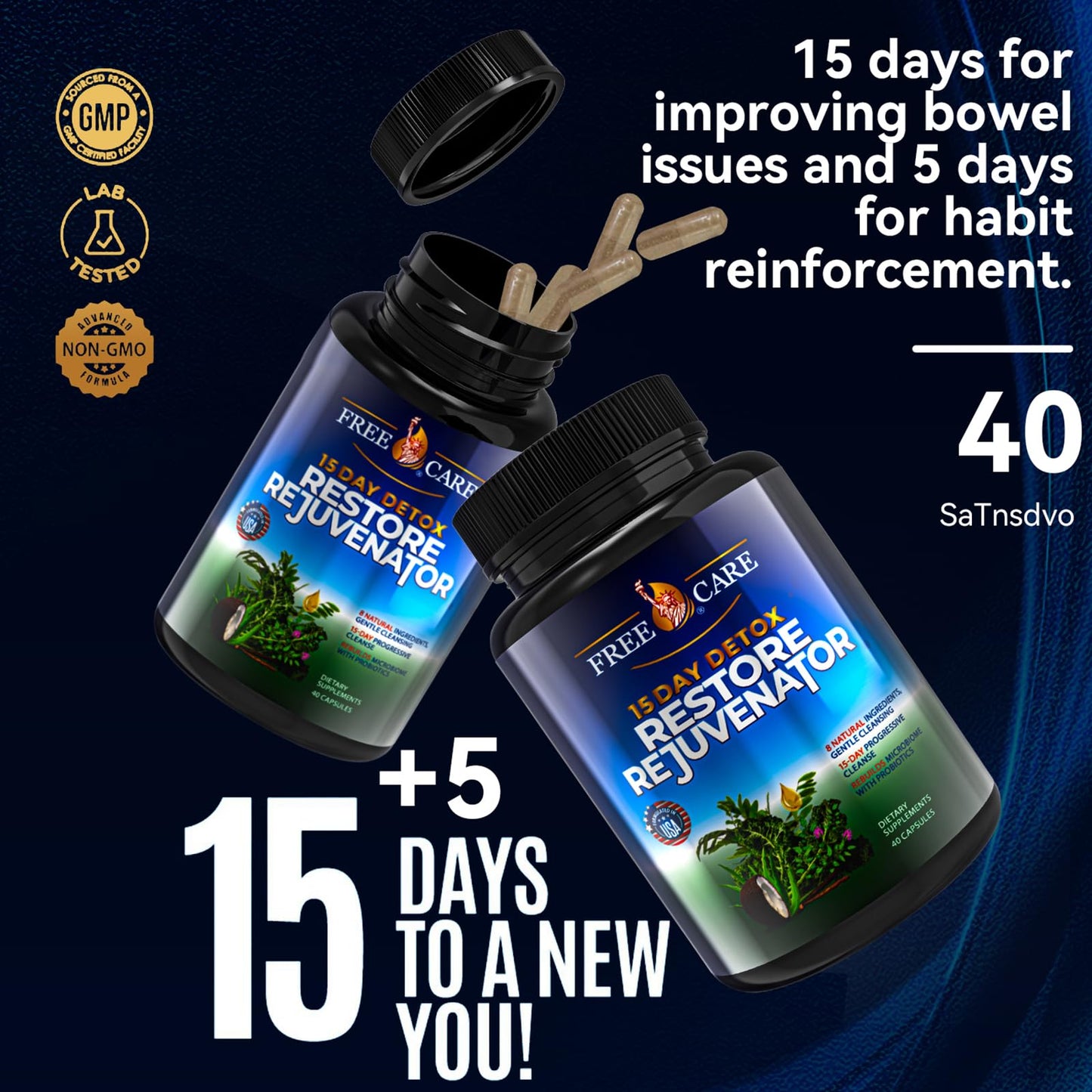 FreeCare Colon Cleanse 15+5Day Upgrade,Advanced Gut Cleanse Detox for Women & Men Fast Natural Laxative for Constipation Relief with Cascara Sagrada, Psyllium Husk