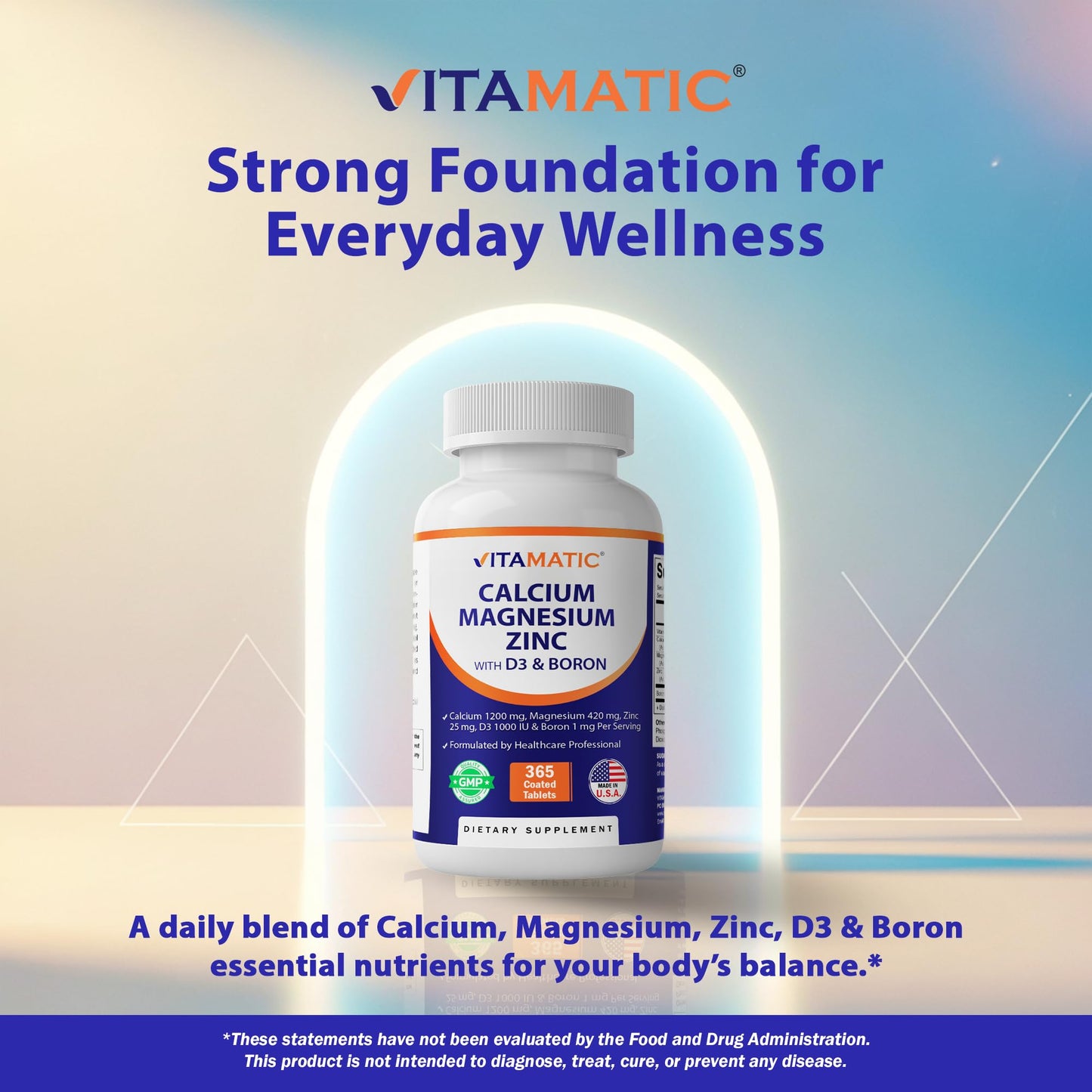 Vitamatic Calcium Magnesium Zinc D3 Boron | 365 Coated Tablets Supplement | Calcium 1200 mg, Magnesium 420mg, Zinc 25mg, Vitamin D3 1000 IU, Boron 1 mg | Non-GMO | Gluten Free | Made in USA