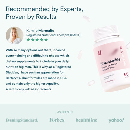 Bettervits Niacinamide Supplement with Vitamin B3, Marine Collagen & Hyaluronic Acid | High-Strength Vitamin B3 Capsules 300 mg. with Turmeric for Energy Metabolism