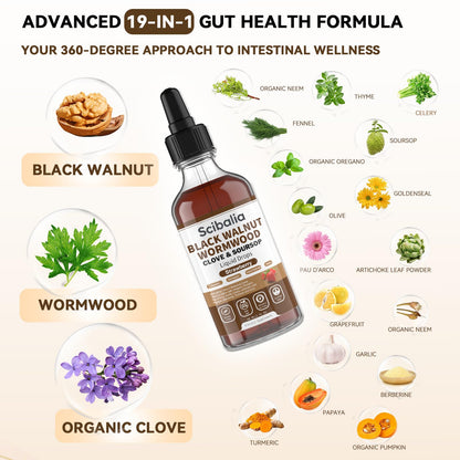 Scibalia Wormwood Black Walnut Clove Cleanse for Human Drops, 19-in-1 Triple-Action Gut Detox & Digestive Wellness Organic Wormwood Tincture w. Soursop