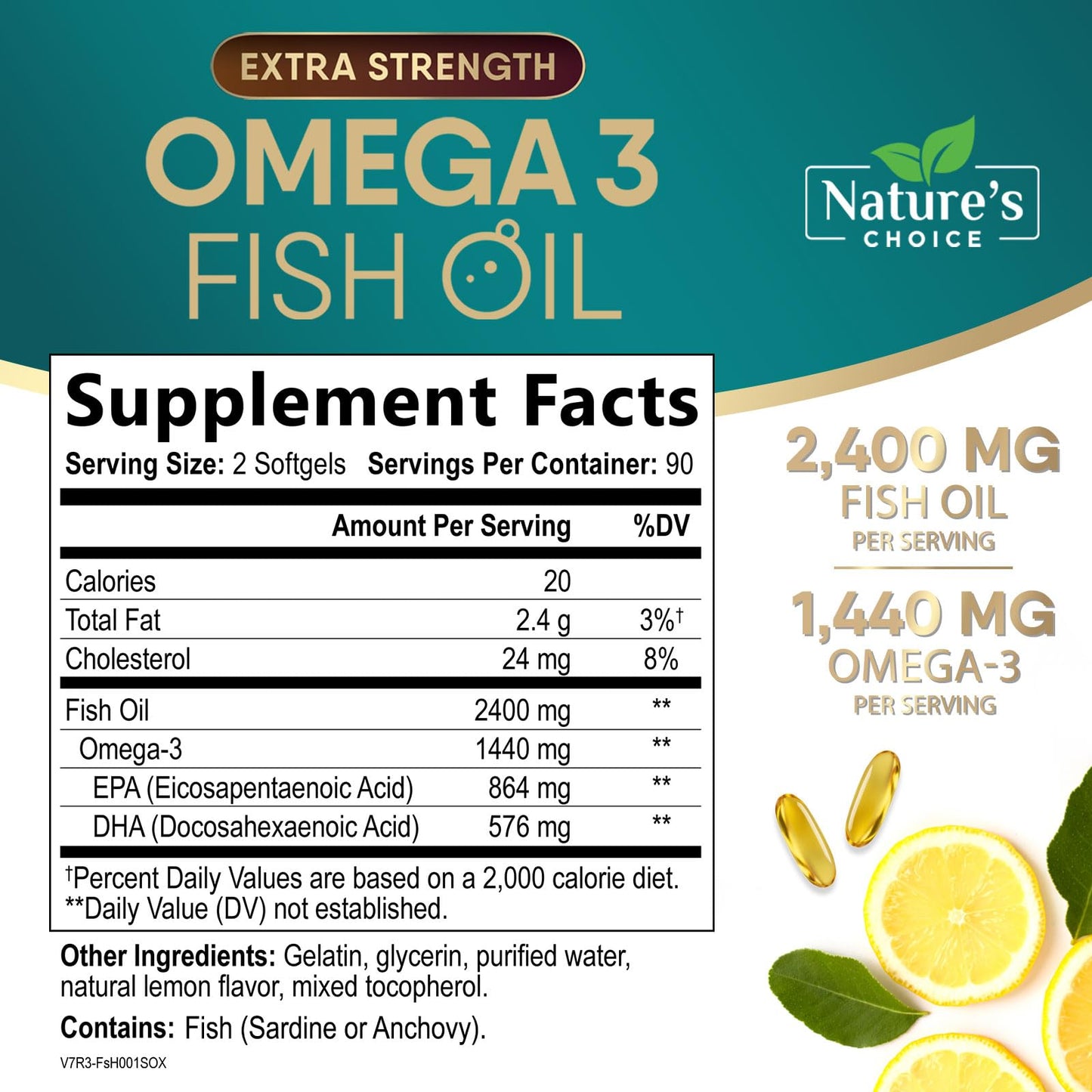 Omega 3 Fish Oil Supplements - 2400mg Fish Oil Per Serving - Triple Strength Omega-3 with Fatty Acids EPA & DHA - Natural Heart, Brain & Immune Support