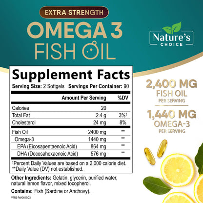 Omega 3 Fish Oil Supplements - 2400mg Fish Oil Per Serving - Triple Strength Omega-3 with Fatty Acids EPA & DHA - Natural Heart, Brain & Immune Support