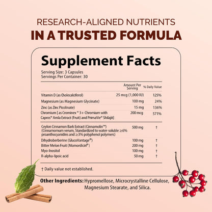 Ceylon Cinnamon (Dihydroberberine) Supplement for Blood Sugar Support with Added Blood Sugar Complex Myo-Inositol Bitter Melon R-ALA VIT. D Chromium Magnesium & Zn– 90 NutriSulin Capsules