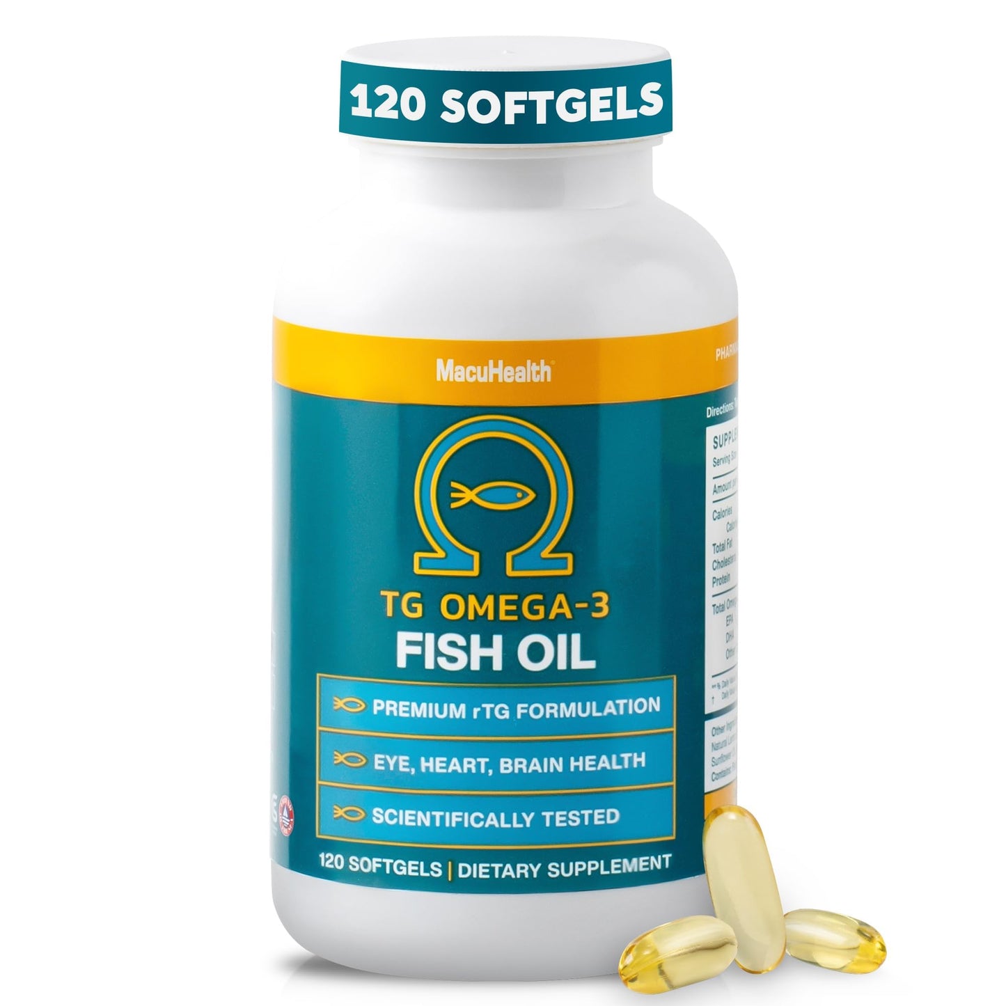 MacuHealth Omega 3 Fish Oil - 1100mg DHA, 1100mg EPA, Eye & Health Supplement, Triglyceride Formula, 120 Softgels