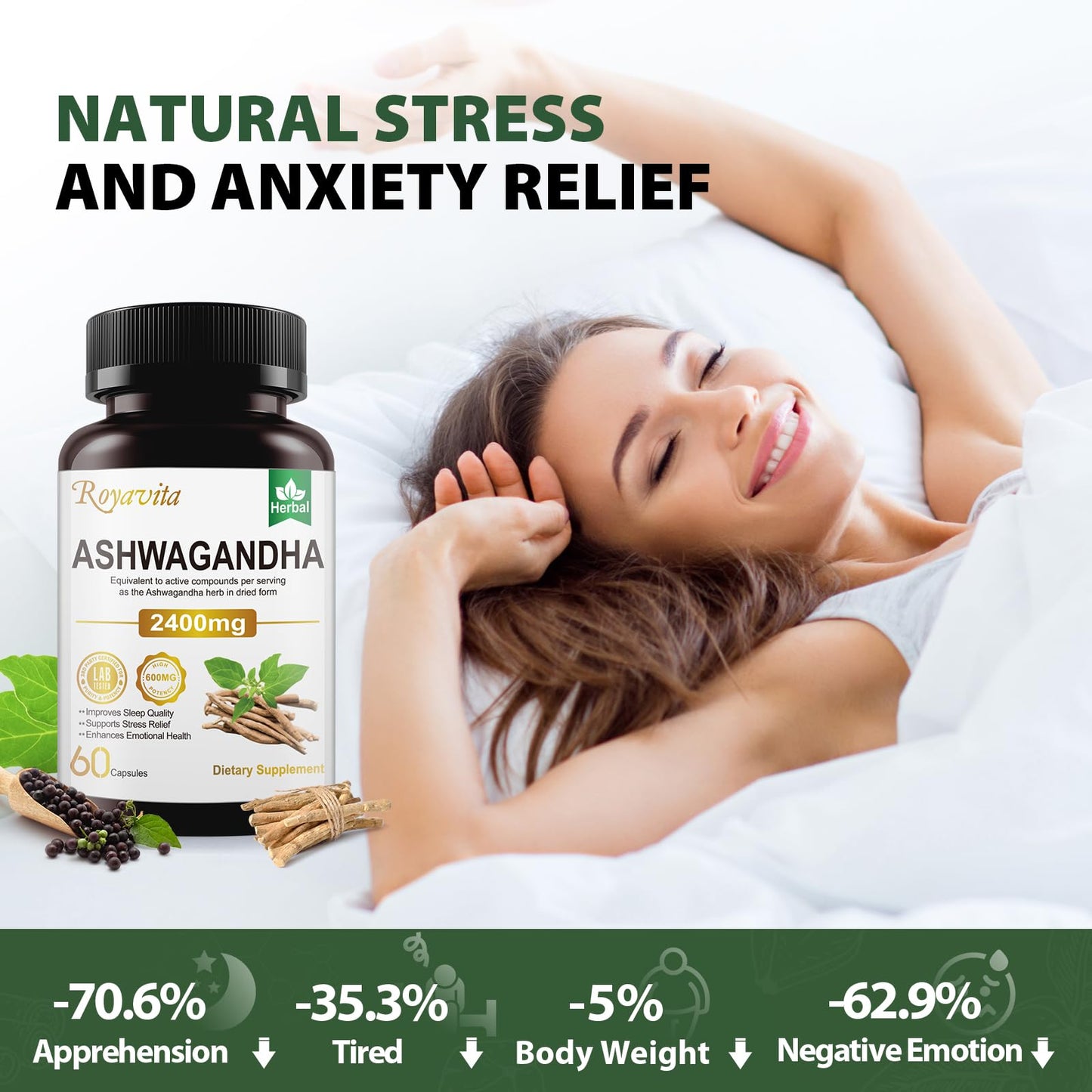 Royavita Ashwagandha Supplements 2400mg Organic with Black Pepper Vitamin B12 & B6 for Max Absorption Stress Relief Athletic