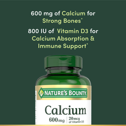 Nature's Bounty Calcium Carbonate & Vitamin D, Supports Immune Health & Bone Health, 600mg Calcium & 800IU Vitamin D3, 250 Tablets