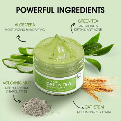 SHVYOG Green Tea Face Mask, Antioxidant Green Tea Clay Mask with Volcanic Mud, Deep Cleansing & Moisturizing & Hydrating Clay Facial Mask