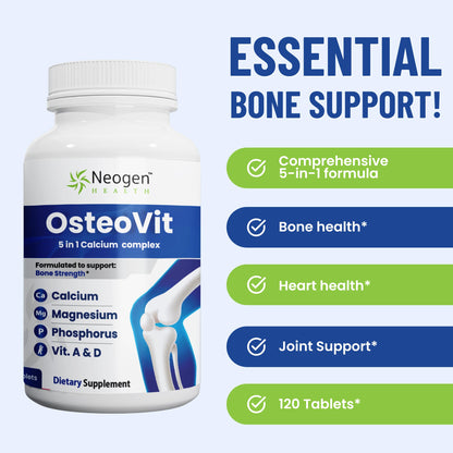 OsteoVit 5-in-1 Calcium 120 tabs Multivitamin: Calcium, Magnesium, Phosphorus, Vitamin D3 & A - Bone Strength & Flexibility*, Non-GMO Gluten Free