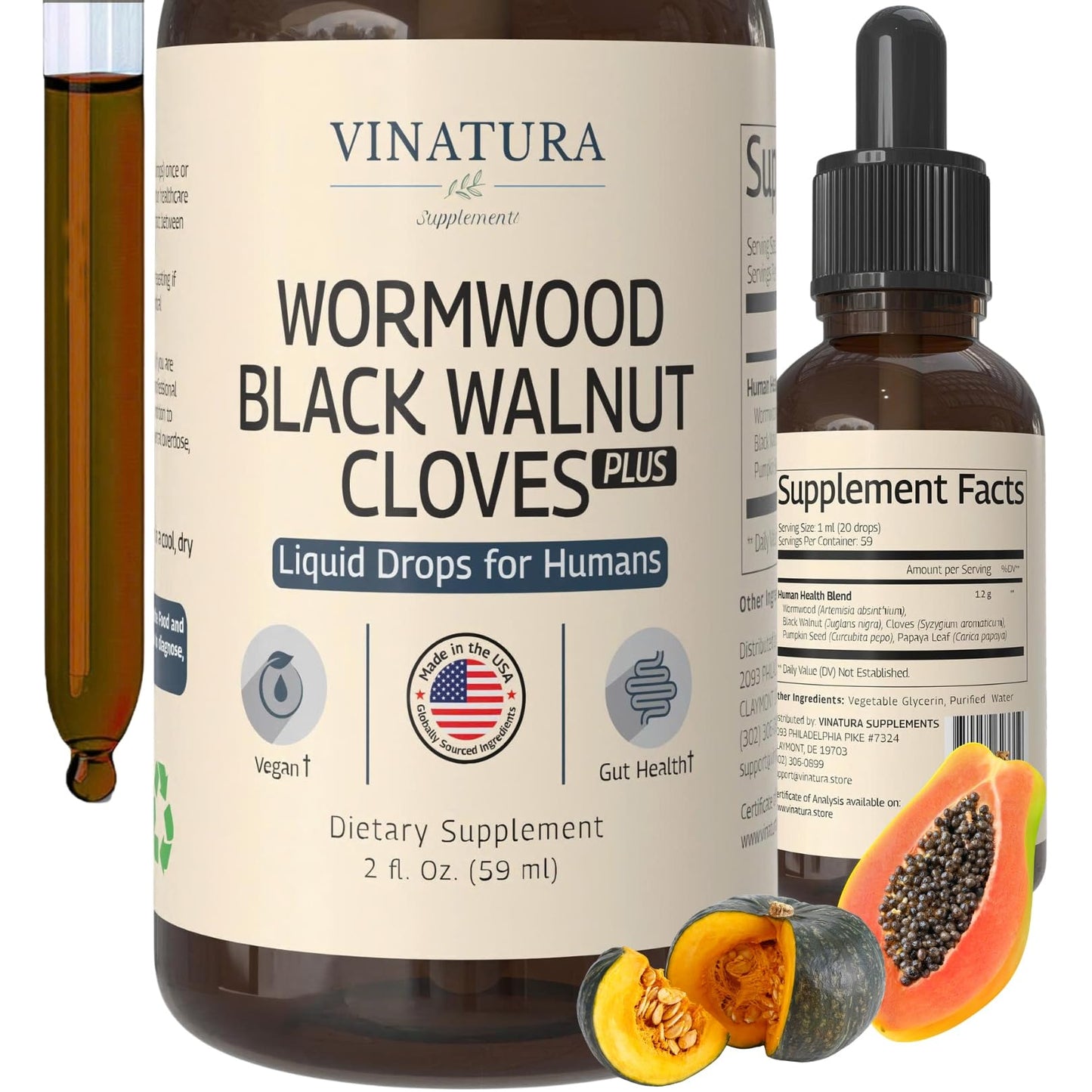 VINATURA Wormwood Black Walnut Cloves Liquid - Cleanse, Detox for Humans with Papaya Leaf and Pumpkin Seed,