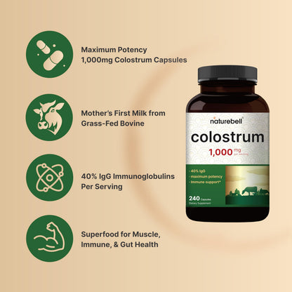 NatureBell Bovine Colostrum Supplement 1,000mg Per Serving, 240 Capsules | 40% IgG Colostrum Powder for Gut Health, Bloating, Skin,