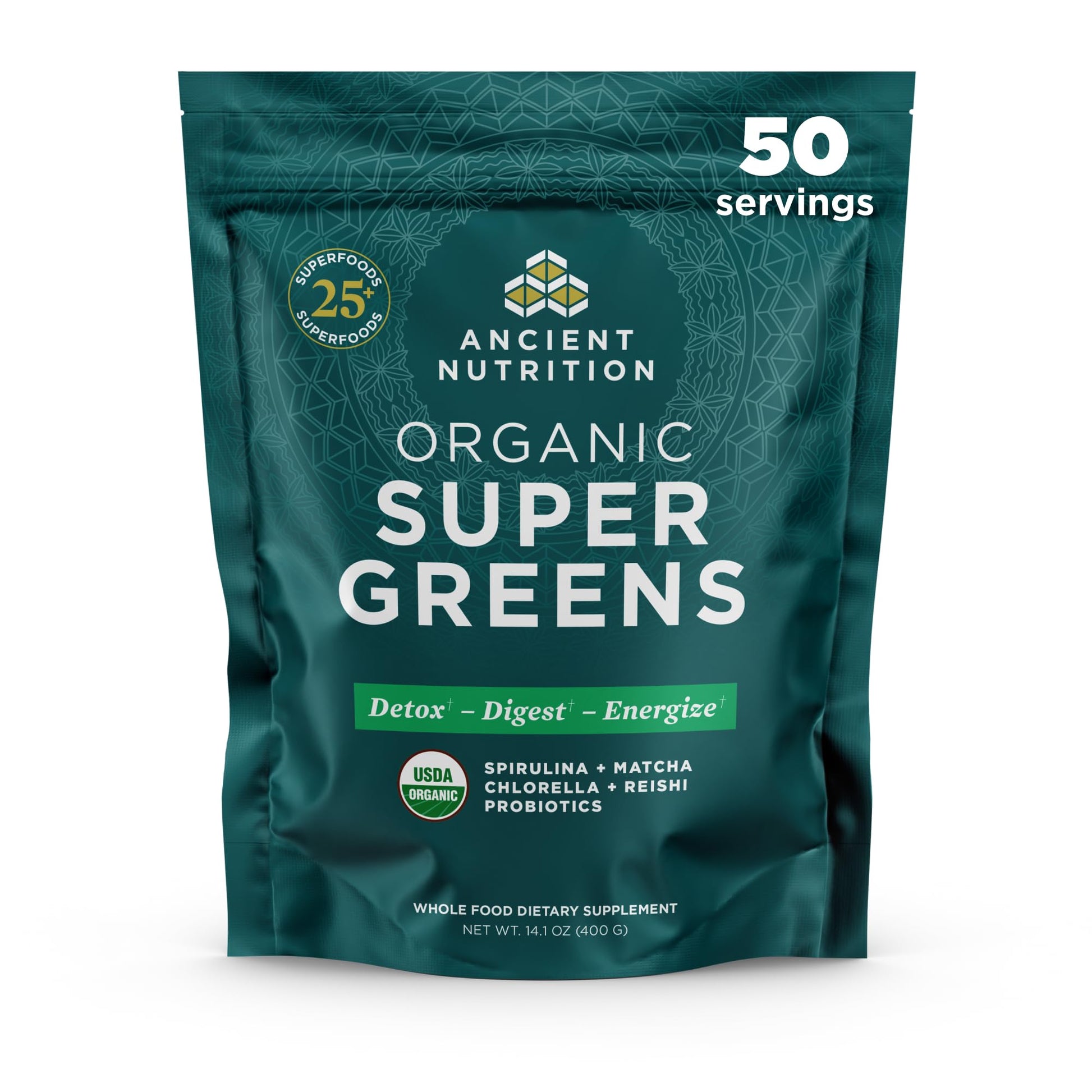 Ancient Nutrition Super Greens Powder, Organic Superfood Powder with Probiotics Made with Spirulina, Chlorella, Matcha, and Digestive Enzymes, 50 Servings, 14.1 oz Ancient NutritionBuy Supplements Australia