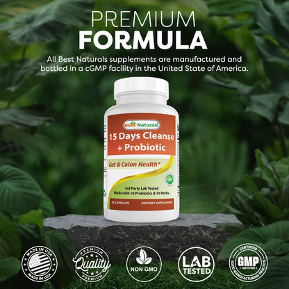 Best Naturals 15 Day Gut & Colon Cleanse + Probiotics for Women & Men with Senna, Cascara Sagrada & Psyllium Husk- 30 Capsules - Non-GMO & Gluten Free.