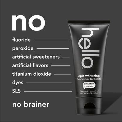 hello Epic Whitening Charcoal Fluoride Free Toothpaste, Activated Charcoal Toothpaste with Coconut Oil, Whitens Teeth Naturally, SLS Free