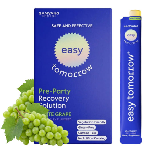 Pre-party recovery solution packaging with grapes on a white background