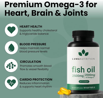 Luma Nutrition Omega 3 Fish Oil Supplement - Extra Strength 2500mg Per Serving - 2000mg EPA & DHA Per Serving