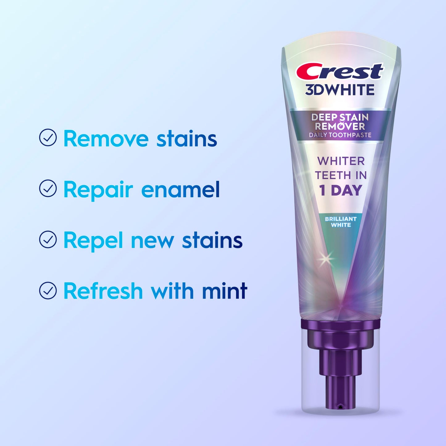 Crest 3D White Deep Stain Remover Toothpaste, Teeth whitening for Adults, 3.1oz, 2 Pack, Sensitivity Safe, Enamel Repair, Cavity Protection