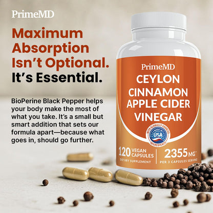 5-in-1 Ceylon Cinnamon Capsules 2355mg - Apple Cider Vinegar Capsules with Turmeric, Panax Ginseng & Bioperine - Cinnamon Supplements for Women & Men