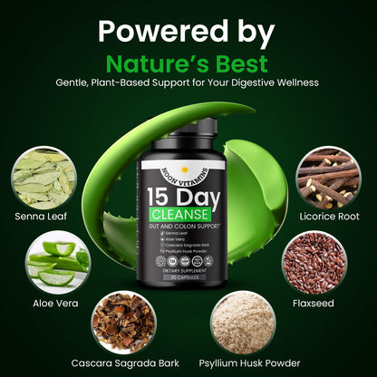 15-Day Colon Cleanse & Gut Detox – Natural Probiotic Cleanser with Senna Leaf, Psyllium & Aloe – Halal for Men & Women – Supports Digestive Health