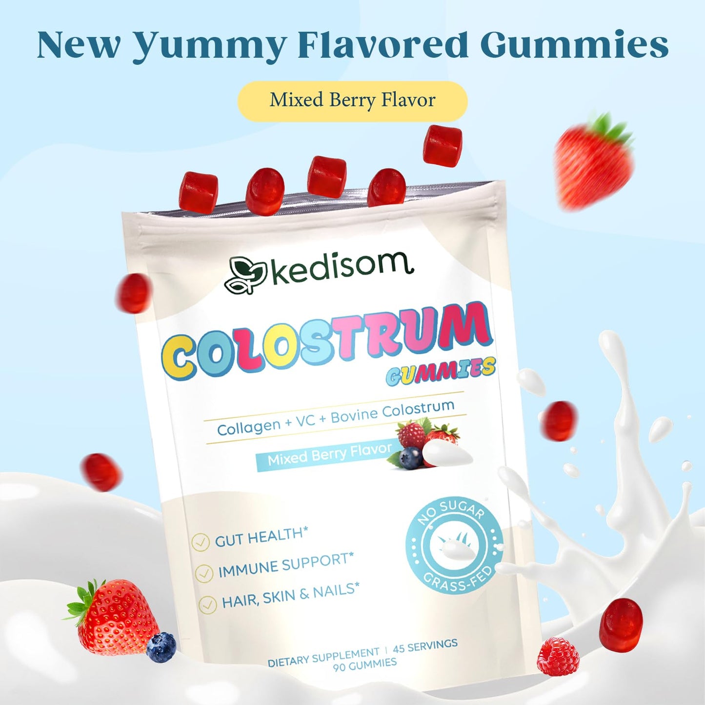KEDISOM Colostrum Gummies, Grass Fed Colostrum Supplement, 90 Bovine Colostrum Gummies, 45 Servings, Mixed Berry, Sugar-Free