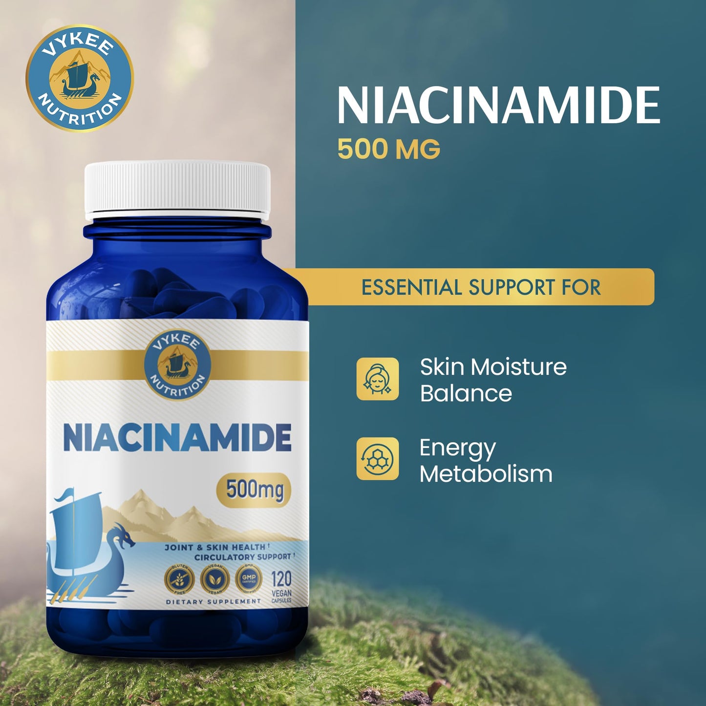 Vykee Nutrition Niacinamide Capsules - Vitamin B3 Supplement for Skin Wellness Cellular Energy and Metabolic Support - Vegan, Non-GMO Gluten Free