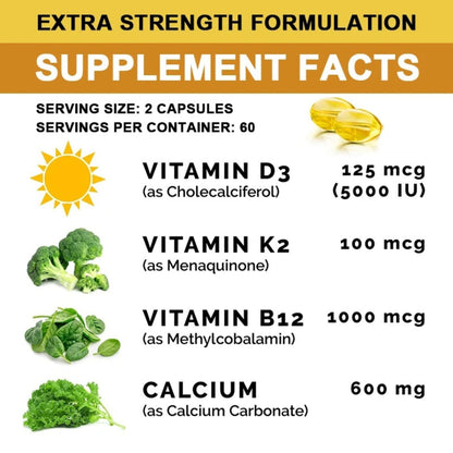 Extra Strength 4-in-1 Calcium 600mg + Vitamin D3 5000iu + K2 + B12 Natural Supplement Complex for Bone and Immune Health, 2 Month Supply, 120 Softgels