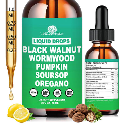 Liposomal Wormwood Black Walnut Clove Cleanse for Humans Drops, Organic 9-in-1 Herbal Extract Hull Supplement Plus Oregano, Soursop & Pumpkin Seed