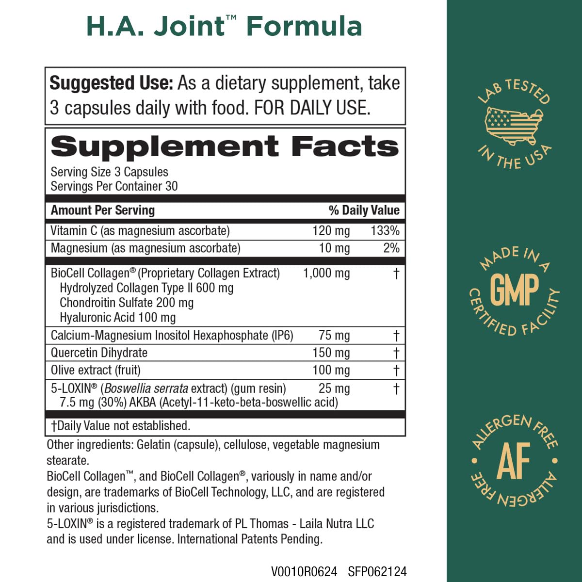 Purity Products HA Joint Formula Hyaluronic Acid + Key CoFactors - Joints + Skin Multi Collagen (Type I, II & III) - 5-Loxin - Olive Fruit Extract