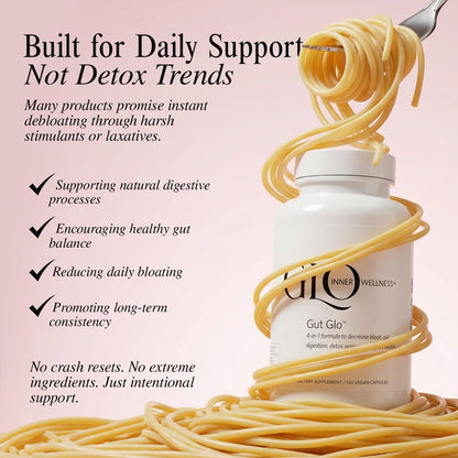 GLO Inner Wellness Gut Glo Natural Bloating Relief, Gut Health, Digestion & Constipation Aid 4-in-1 Probiotic, Digestive Enzyme, Magnesium