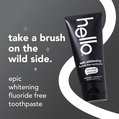 hello Epic Whitening Charcoal Fluoride Free Toothpaste, Activated Charcoal Toothpaste with Coconut Oil, Whitens Teeth Naturally, SLS Free
