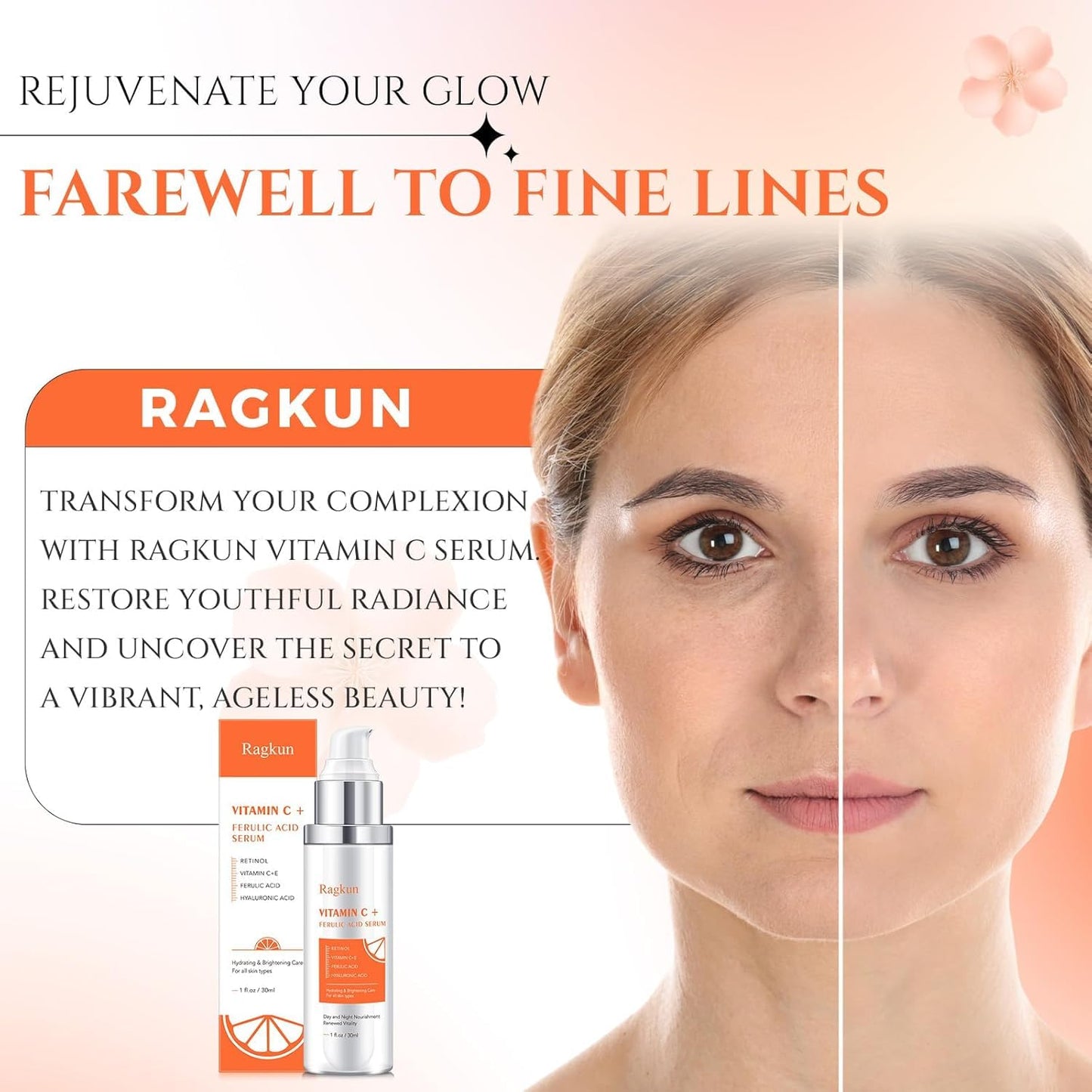 Ragkun 20% Vitamin C Serum, Retinol Serum for Face, Dark Spot Remover for Face, CE Ferulic Acid, Hyaluronic Acid, Hydrate & Plump Skin Care