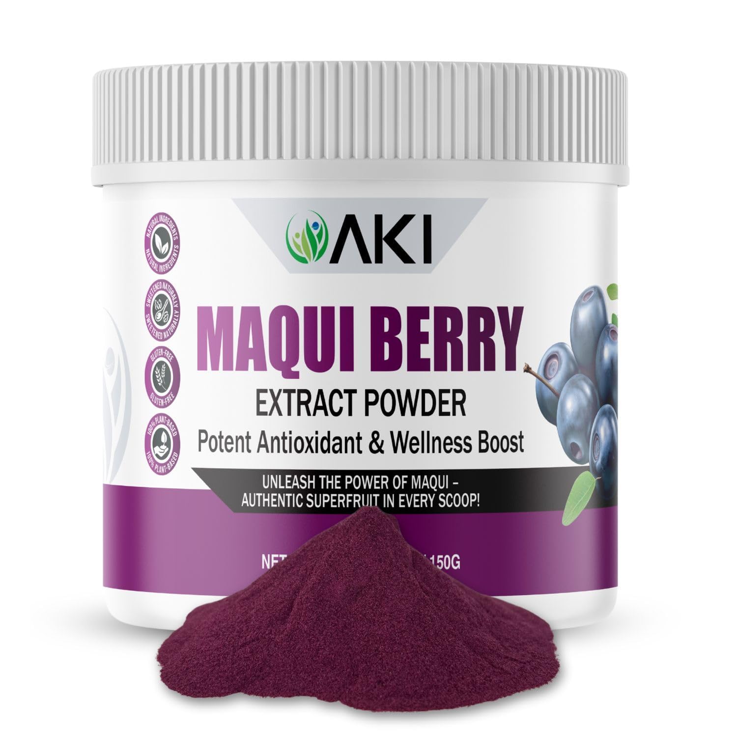 MAKI Maqui Berry Extract Powder container with powder spilling out on a white background