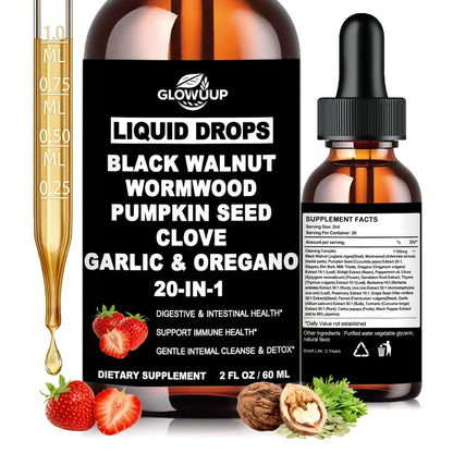Wormwood Black Walnut Clove Cleanse for Humans Drops, Organic 20-in-1 Herbal Supplement w. Pumpkin Seeds Garlic Oregano Turmeric for Gut Cleanse & Digestive Detox,