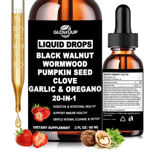 Wormwood Black Walnut Clove Cleanse for Humans Drops, Organic 20-in-1 Herbal Supplement w. Pumpkin Seeds Garlic Oregano Turmeric for Gut Cleanse & Digestive Detox,